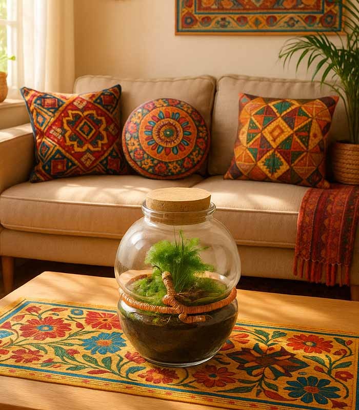 Terrario Decorativo con Piante da Interno e Dettagli Etnici – Ø17 cm