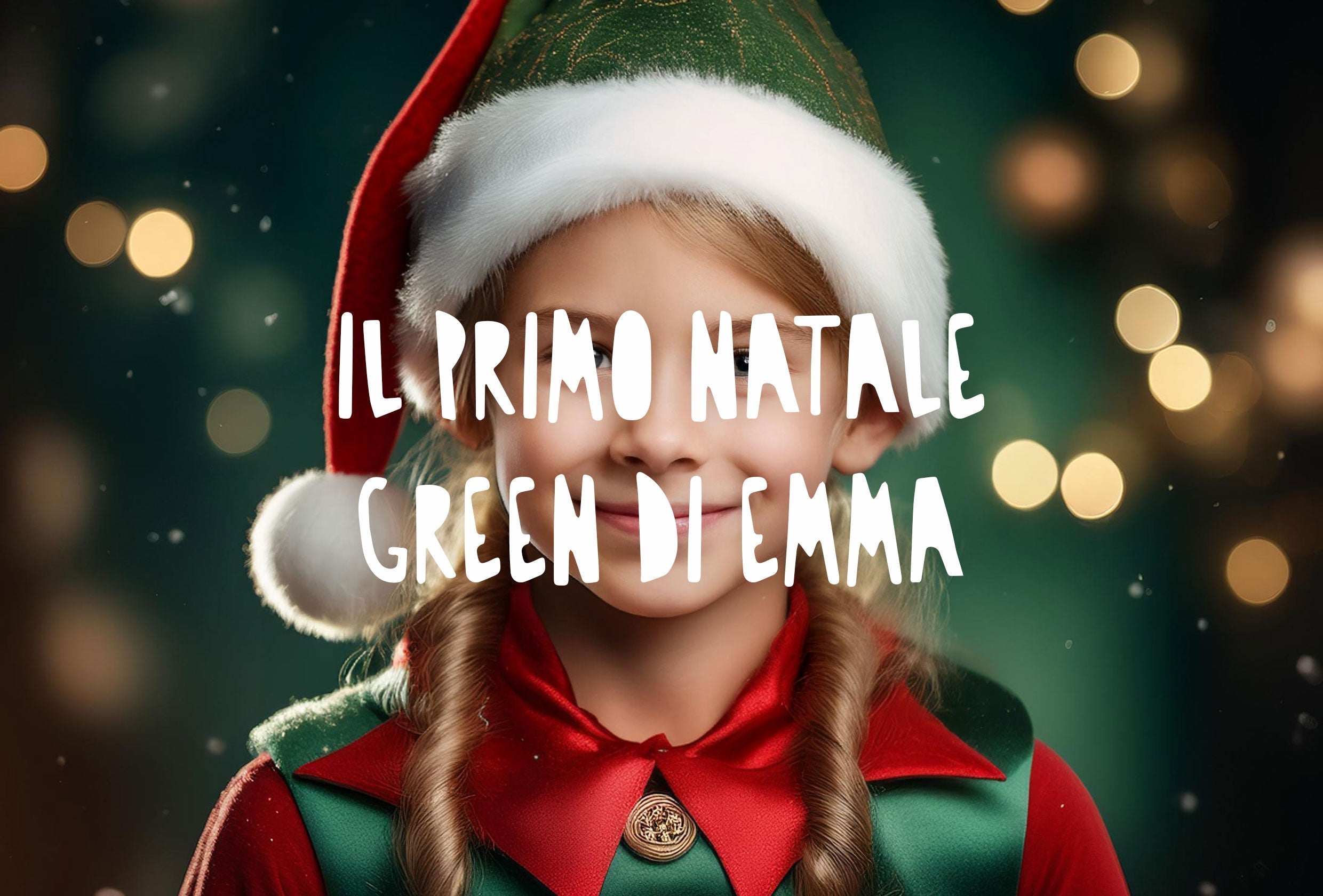Illustrazione fiabesca di una bambina di nome Emma vestita da folletto di natale