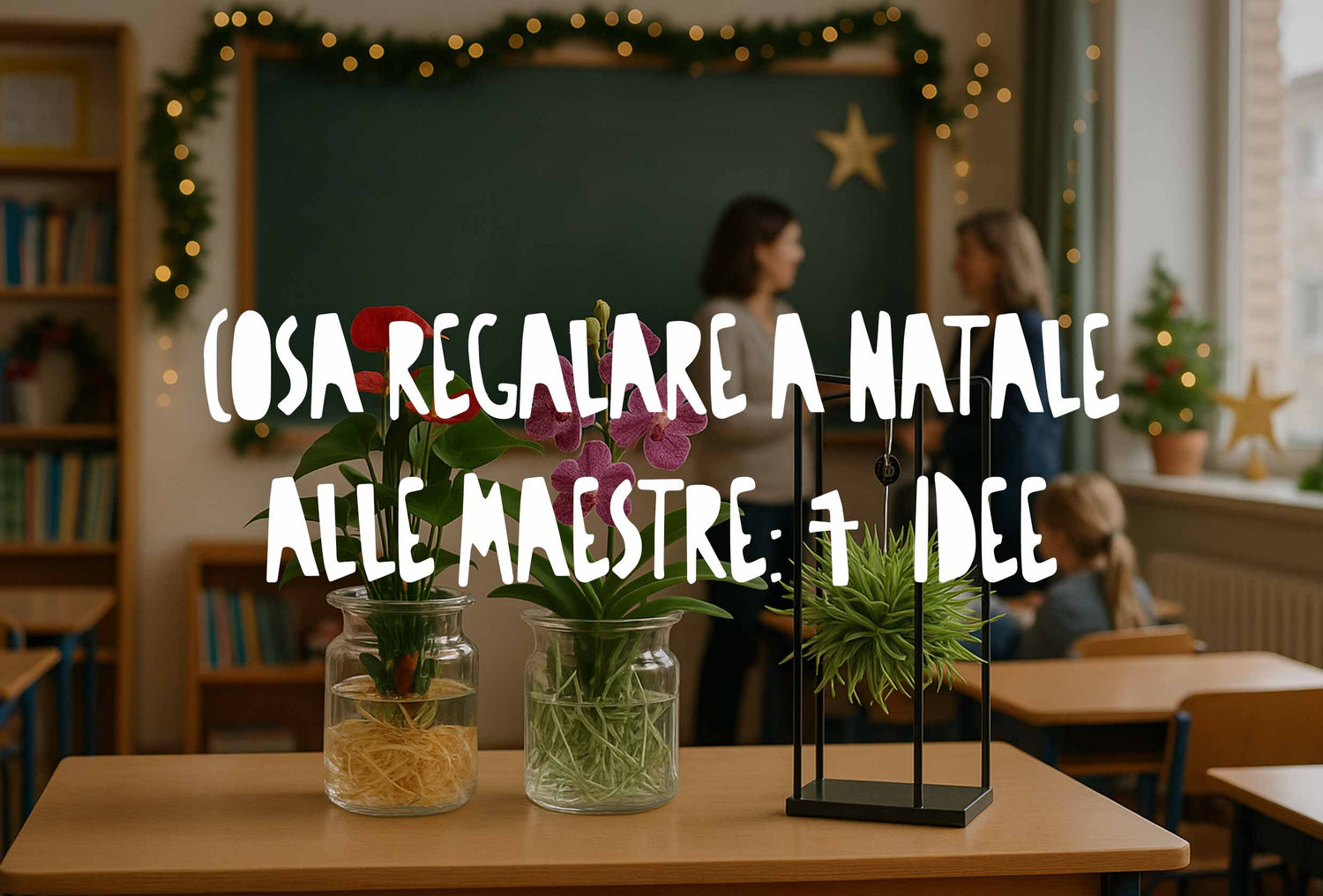 piante come idea regalo per le maestre disposte su una cattedra scolastica addobbata a natale